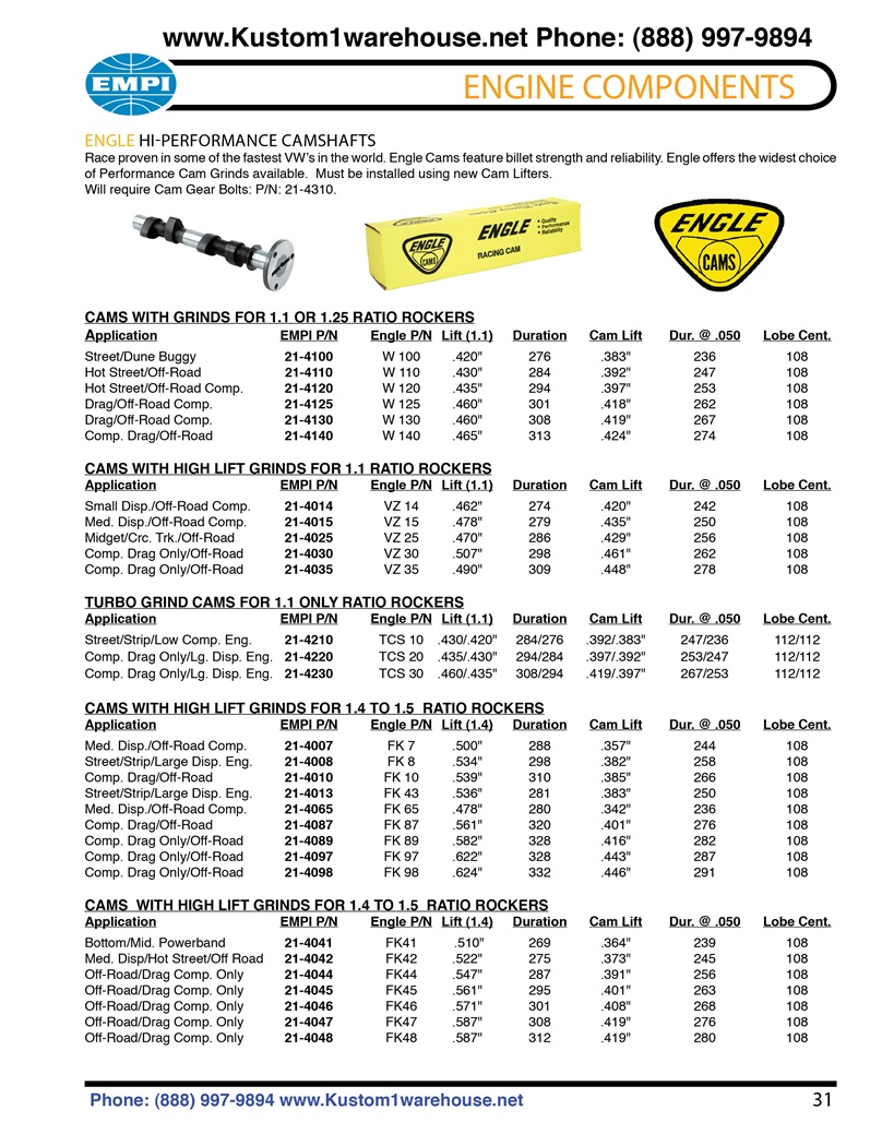 Engle high performance aftermarket racing camshafts for aircooled VW