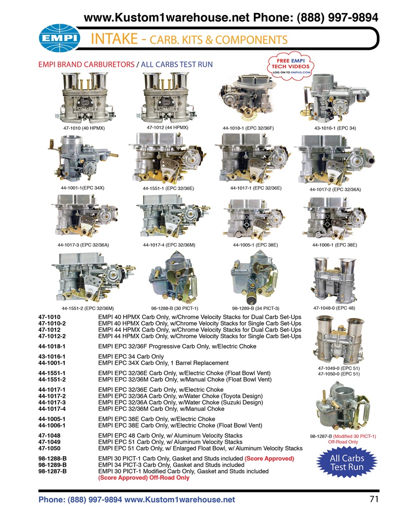 Empi carburetors, 48mm, 51mm epc, 40mm 44mm hpmx, 32/36 E A M epc  progressive, 30pict1, 34pict3 for