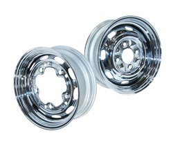 AC601134, AC601136, AC601140, AC601142, 10-1050, 10-1051,10-1052, 10-1053, Stock style chrome wheels for VW Volkswagen Bugs, Buses, Super Beetle, Type 3's, Karmann Ghia. Chrome wheels were first introduced on Porsche 356's and eventually used as an ac