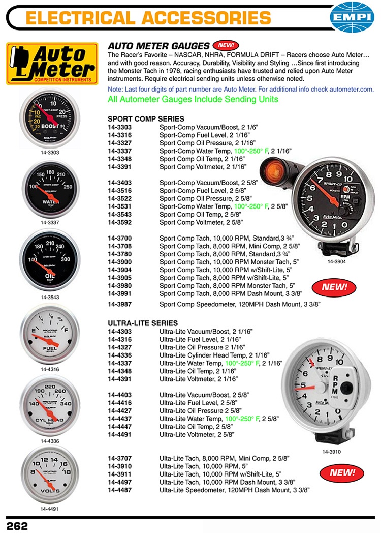 Autometer Sport comp and Ultra Lite series gauges, Monster with shift light, mini and dash mount tachometers, oil temp and pressure, fuel, boost, voltmeter, cylinder head temp for VW Volkswagen. AUTO METER GAUGES The Racer’s Favorite – NASCAR, NHRA, FORMU