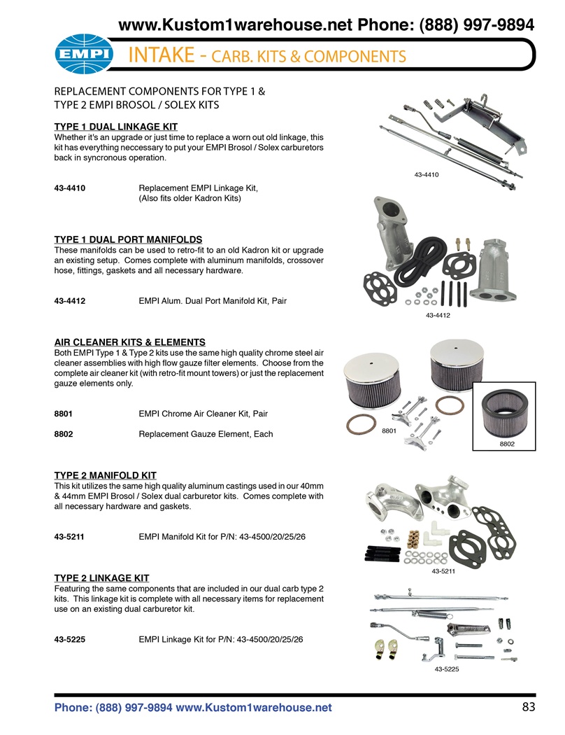 Empi Kadron Brosol Solex carburetor replacement linkage, manifolds and ...